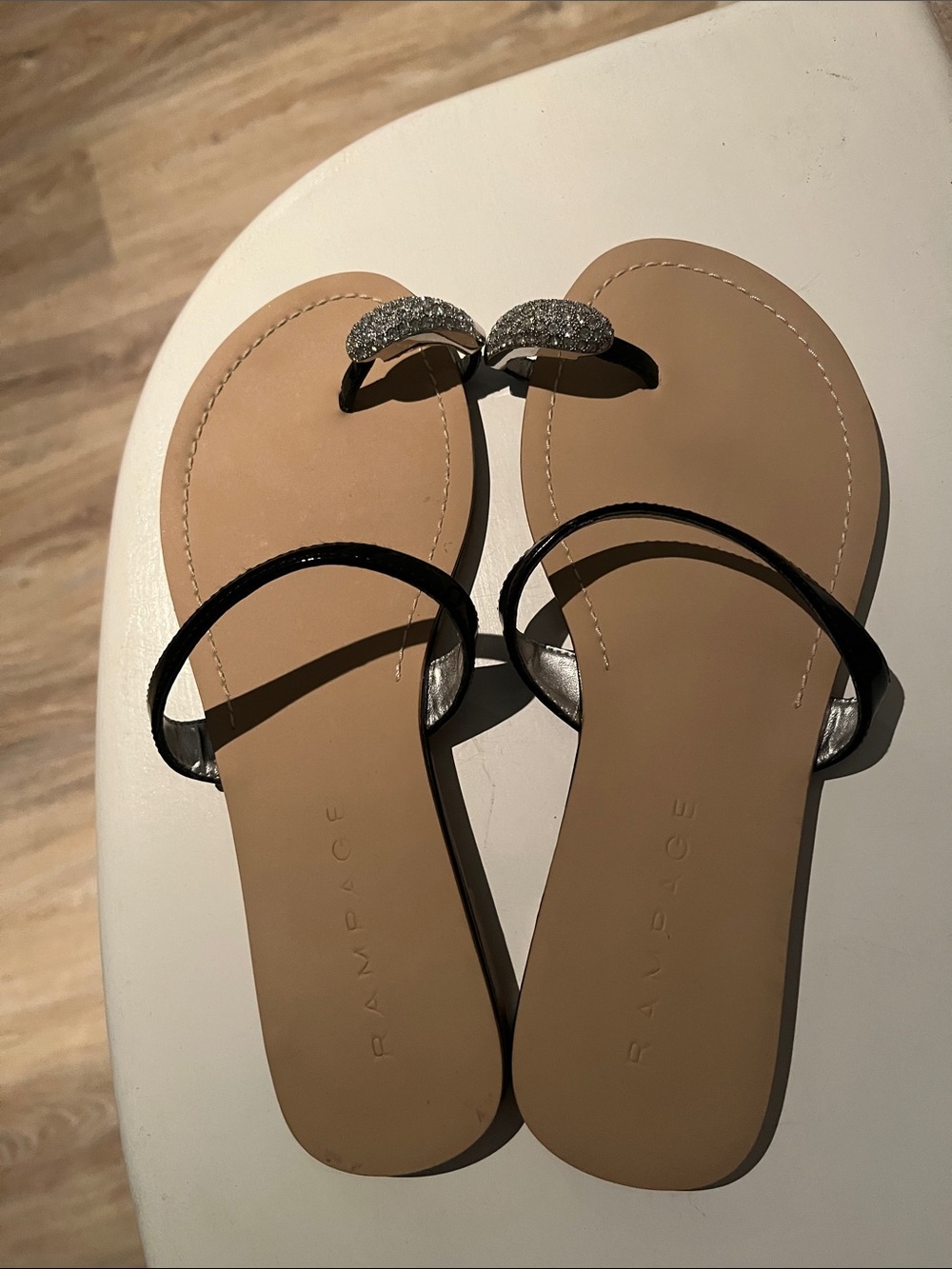 Rampage Patent Black Strap Sandals with Jeweled Toe Accents